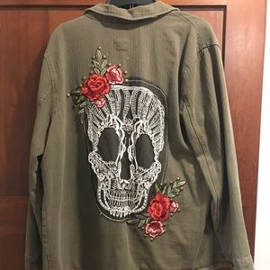 Olive Green military denim coat with Skull XL
